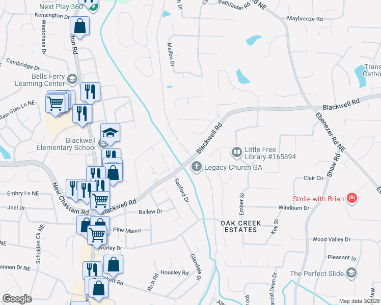 map of restaurants, bars, coffee shops, grocery stores, and more near 1063 Blackwell Road in Marietta