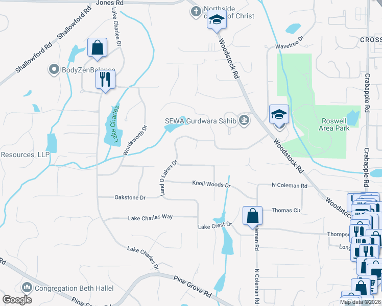 map of restaurants, bars, coffee shops, grocery stores, and more near 1455 Land O Lakes Drive in Roswell