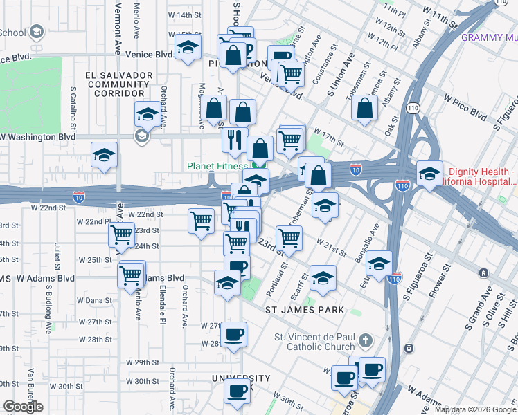 map of restaurants, bars, coffee shops, grocery stores, and more near 2102 South Union Avenue in Los Angeles