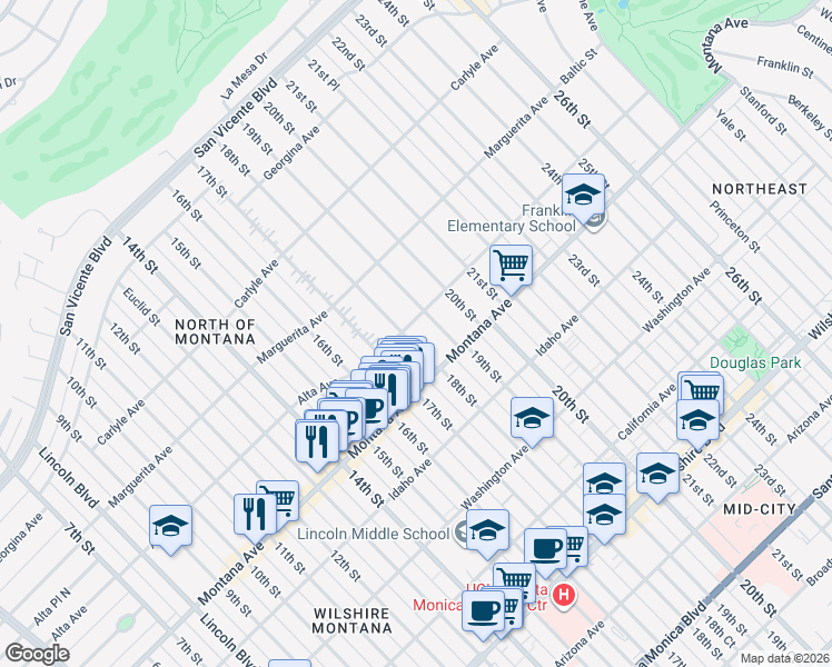 map of restaurants, bars, coffee shops, grocery stores, and more near 709 18th Street in Santa Monica
