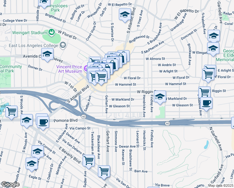 map of restaurants, bars, coffee shops, grocery stores, and more near 644 West Riggin Street in Monterey Park