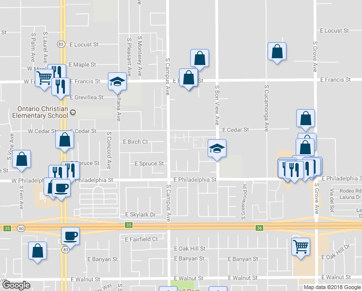 map of restaurants, bars, coffee shops, grocery stores, and more near 731 East Boxwood Court in Ontario