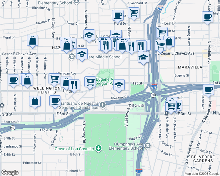 map of restaurants, bars, coffee shops, grocery stores, and more near 109 South Marianna Avenue in Los Angeles