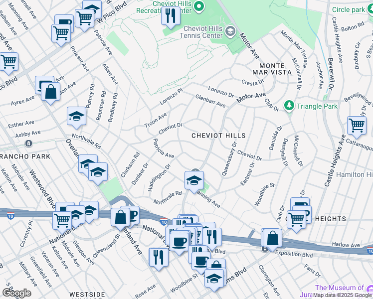 map of restaurants, bars, coffee shops, grocery stores, and more near 10357 Bannockburn Drive in Los Angeles