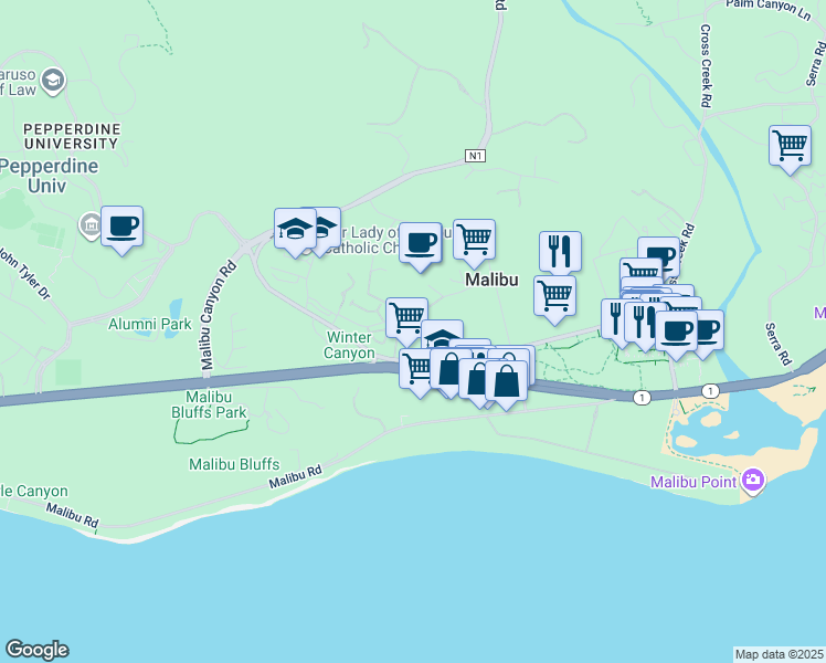 map of restaurants, bars, coffee shops, grocery stores, and more near 23901 Civic Center Way in Malibu