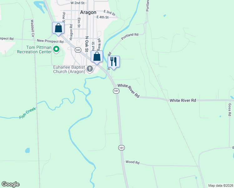 map of restaurants, bars, coffee shops, grocery stores, and more near 30 White River Road in Rockmart