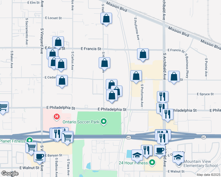 map of restaurants, bars, coffee shops, grocery stores, and more near 2001 South Hellman Avenue in Ontario