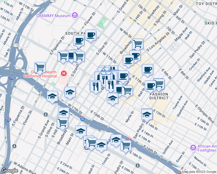 map of restaurants, bars, coffee shops, grocery stores, and more near 1242 South Main Street in Los Angeles
