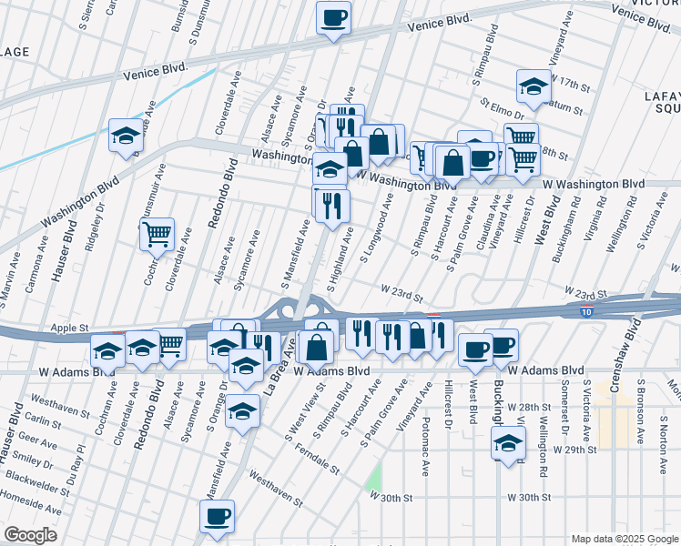map of restaurants, bars, coffee shops, grocery stores, and more near 2308 South Highland Avenue in Los Angeles