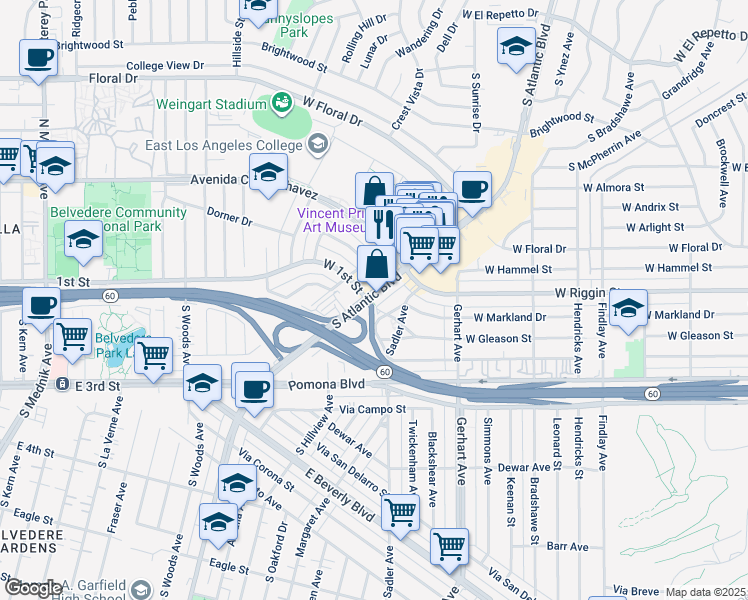 map of restaurants, bars, coffee shops, grocery stores, and more near 2344 South Atlantic Boulevard in Monterey Park