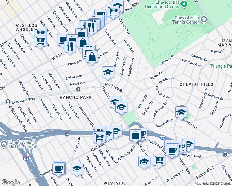 map of restaurants, bars, coffee shops, grocery stores, and more near 2760 Dunleer Place in Los Angeles