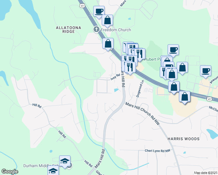 map of restaurants, bars, coffee shops, grocery stores, and more near 3364 Joseph Drive in Acworth