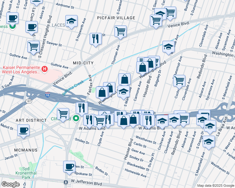 map of restaurants, bars, coffee shops, grocery stores, and more near 5556 Washington Boulevard in Los Angeles