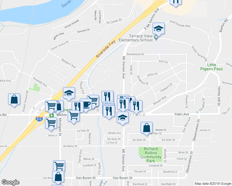 map of restaurants, bars, coffee shops, grocery stores, and more near 11980 Mount Vernon Avenue in Grand Terrace