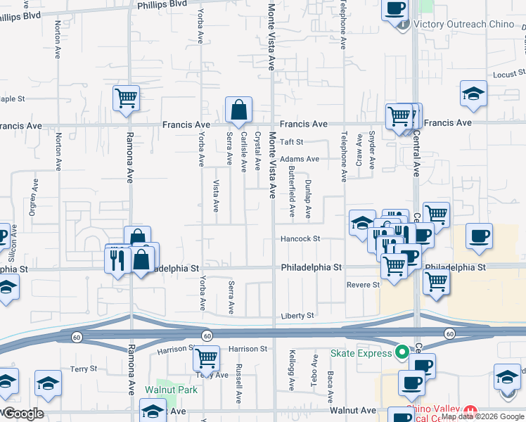 map of restaurants, bars, coffee shops, grocery stores, and more near 4853 Jackson Court in Chino