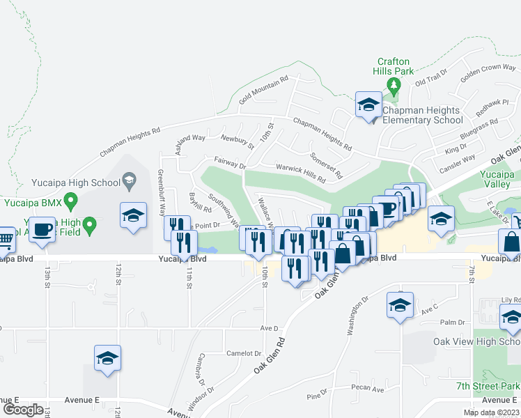 map of restaurants, bars, coffee shops, grocery stores, and more near 33307 Wallace Way in Yucaipa