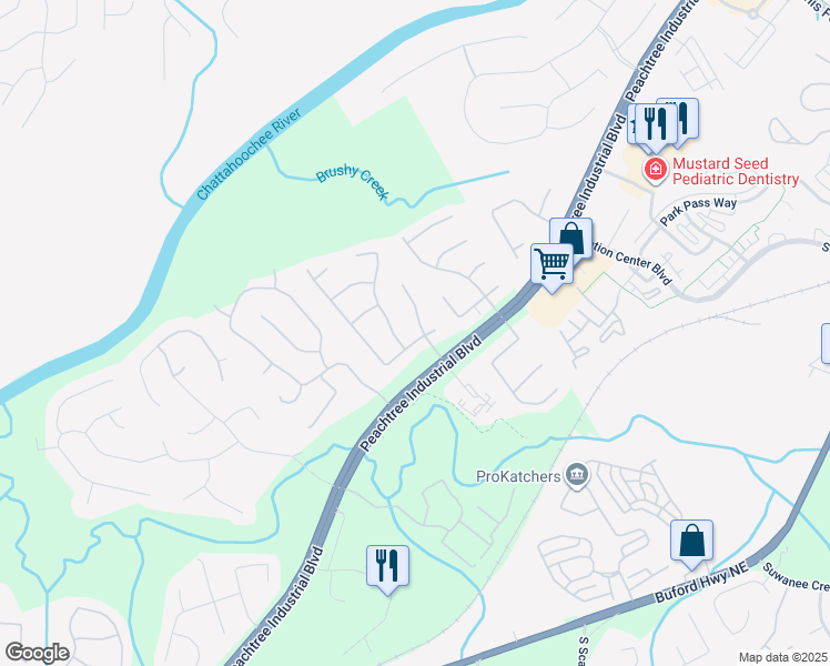 map of restaurants, bars, coffee shops, grocery stores, and more near 3912 Riversong Drive Northwest in Suwanee