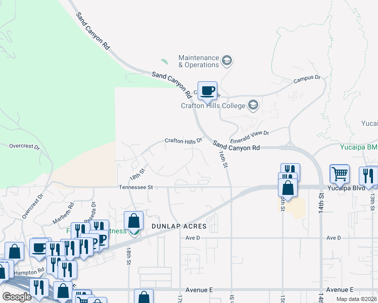 map of restaurants, bars, coffee shops, grocery stores, and more near 31988 Oak Wood Circle in Yucaipa