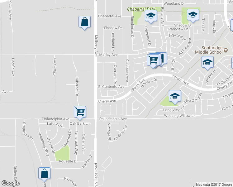 map of restaurants, bars, coffee shops, grocery stores, and more near 13836 Mesquite Drive in Fontana