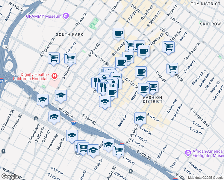map of restaurants, bars, coffee shops, grocery stores, and more near 218 East 12th Street in Los Angeles