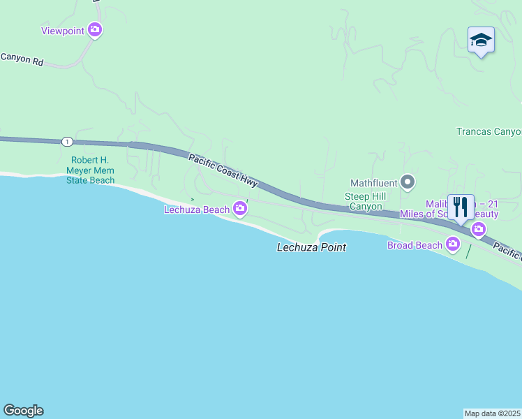 map of restaurants, bars, coffee shops, grocery stores, and more near 31654 Broad Beach Road in Malibu