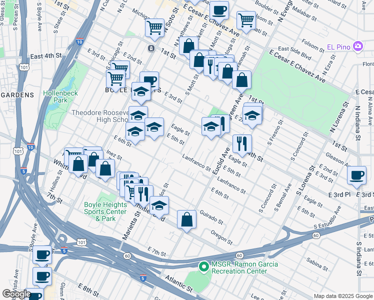 map of restaurants, bars, coffee shops, grocery stores, and more near 464 Camulos Street in Los Angeles