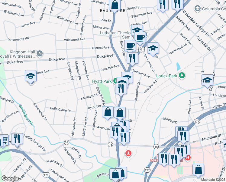 map of restaurants, bars, coffee shops, grocery stores, and more near 3712 Fern Avenue in Columbia