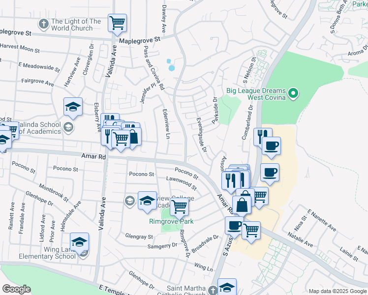 map of restaurants, bars, coffee shops, grocery stores, and more near 1252 Dore Street East in West Covina