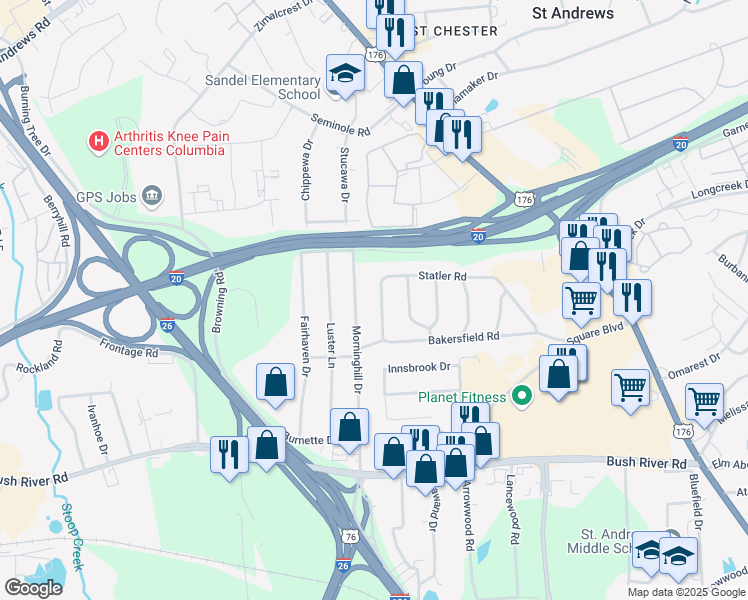 map of restaurants, bars, coffee shops, grocery stores, and more near 839 Statler Rd in Columbia