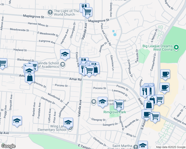 map of restaurants, bars, coffee shops, grocery stores, and more near 1045 East Amar Road in West Covina