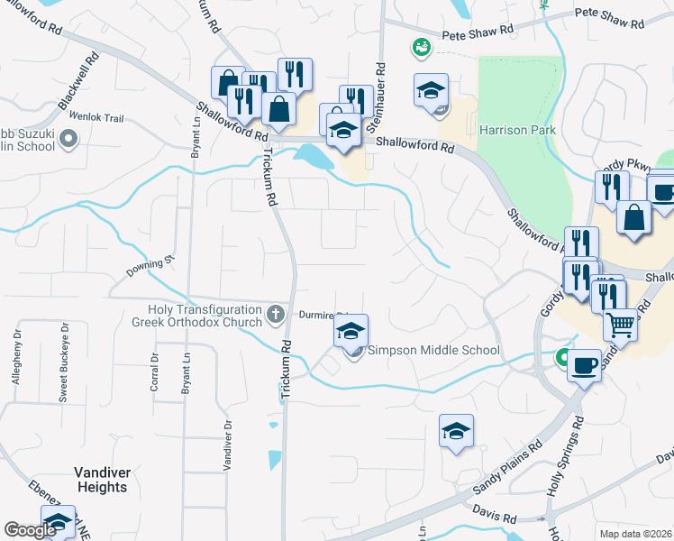 map of restaurants, bars, coffee shops, grocery stores, and more near 2663 Thornberry Place in Marietta