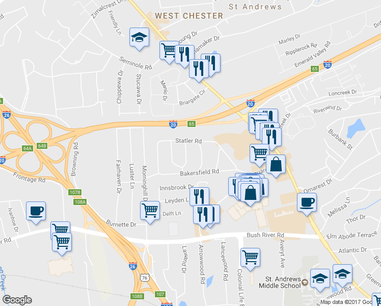 map of restaurants, bars, coffee shops, grocery stores, and more near 1121 Glenoaks Road in Columbia