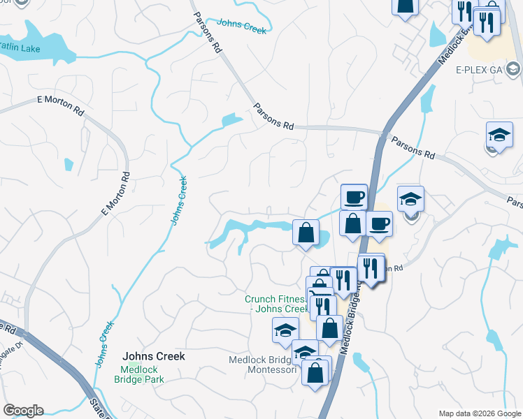 map of restaurants, bars, coffee shops, grocery stores, and more near 800 Lake Manor Close in Alpharetta