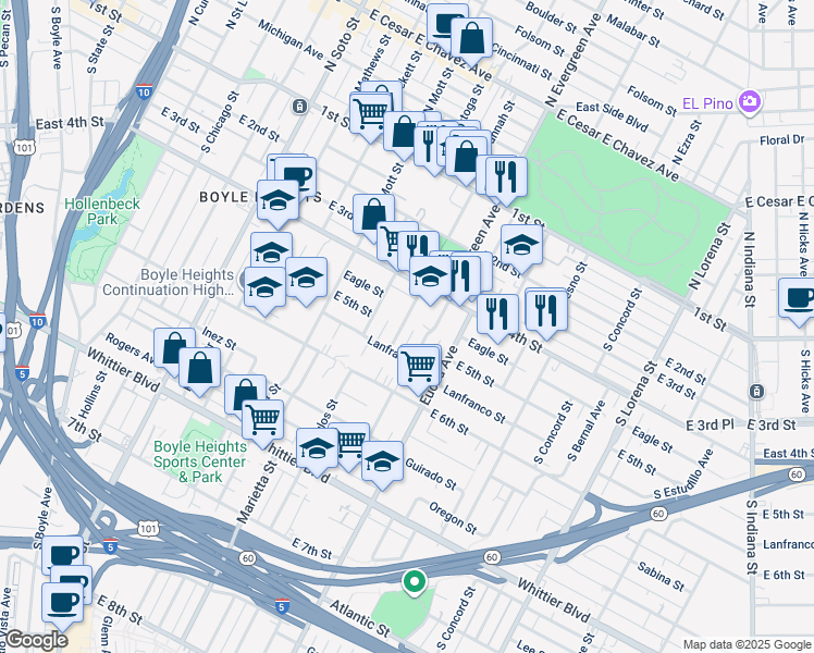 map of restaurants, bars, coffee shops, grocery stores, and more near 450 South Savannah Street in Los Angeles
