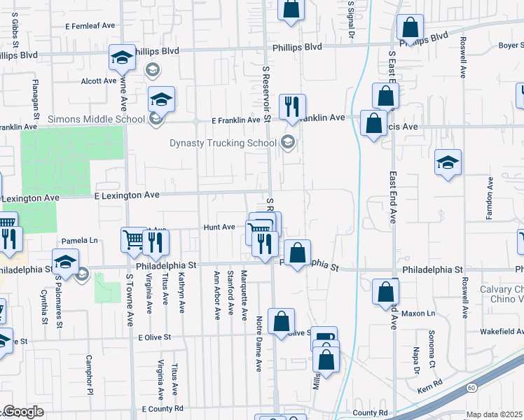 map of restaurants, bars, coffee shops, grocery stores, and more near 1943 South Reservoir Street in Pomona