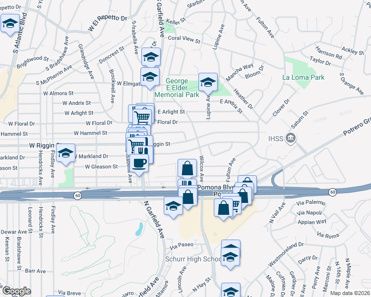 map of restaurants, bars, coffee shops, grocery stores, and more near 261 East Markland Drive in Monterey Park