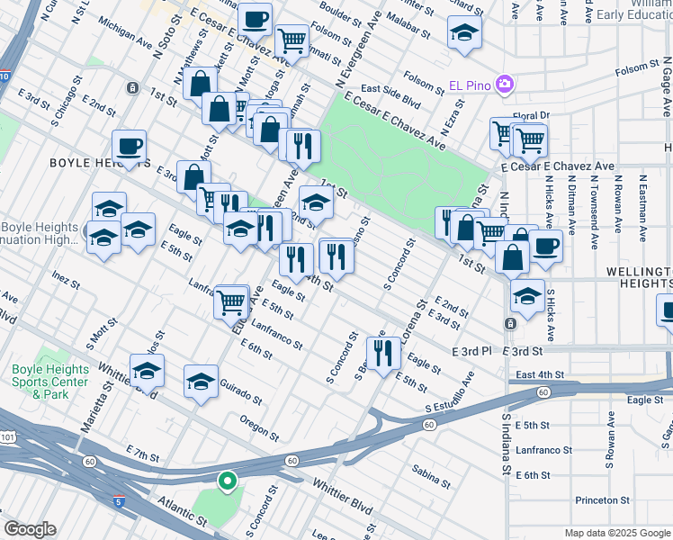 map of restaurants, bars, coffee shops, grocery stores, and more near 3203 East 3rd Street in Los Angeles