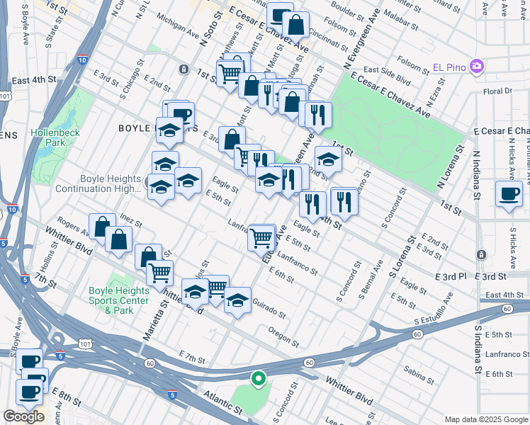 map of restaurants, bars, coffee shops, grocery stores, and more near 450 South Savannah Street in Los Angeles