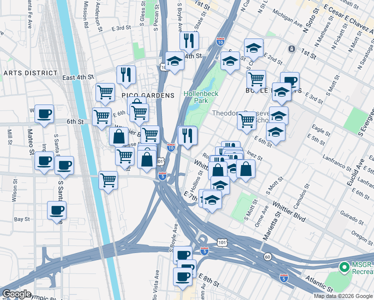 map of restaurants, bars, coffee shops, grocery stores, and more near 755 South Boyle Avenue in Los Angeles