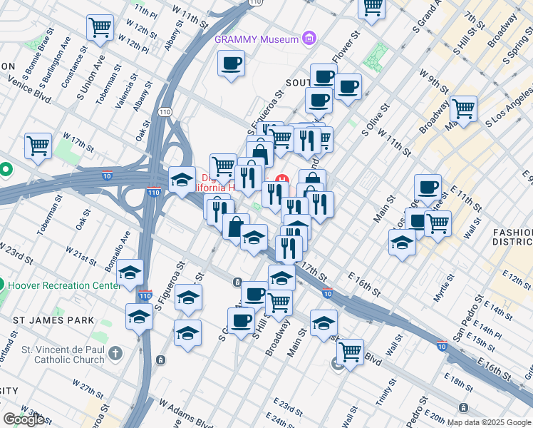 map of restaurants, bars, coffee shops, grocery stores, and more near 1516 South Hope Street in Los Angeles