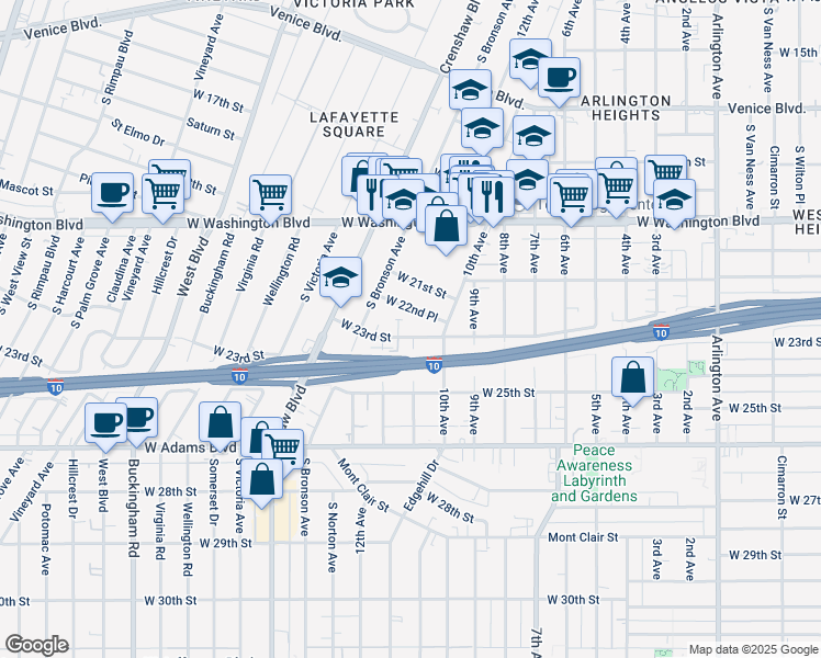 map of restaurants, bars, coffee shops, grocery stores, and more near 4016 West 22nd Place in Los Angeles