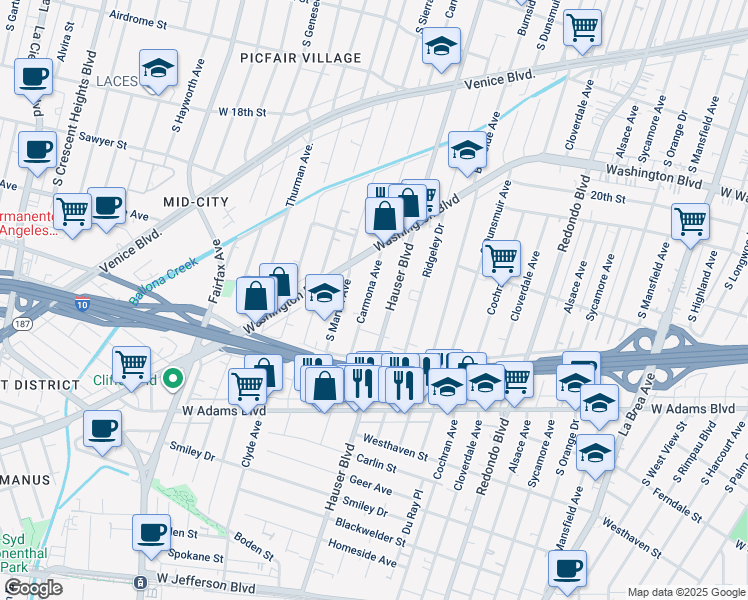 map of restaurants, bars, coffee shops, grocery stores, and more near 2226 Carmona Avenue in Los Angeles