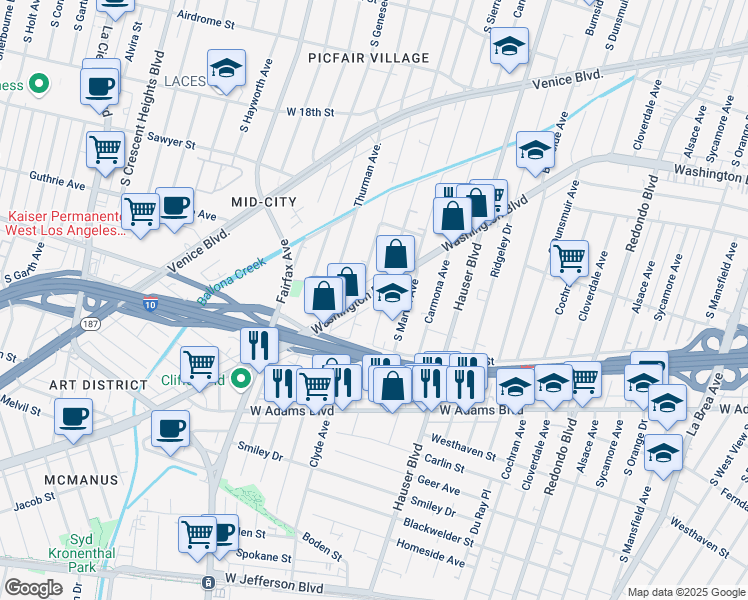 map of restaurants, bars, coffee shops, grocery stores, and more near 5556 Washington Boulevard in Los Angeles