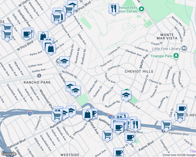 map of restaurants, bars, coffee shops, grocery stores, and more near 2934 Manning Avenue in Los Angeles