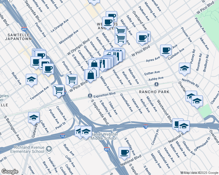map of restaurants, bars, coffee shops, grocery stores, and more near 2541 Greenfield Avenue in Los Angeles