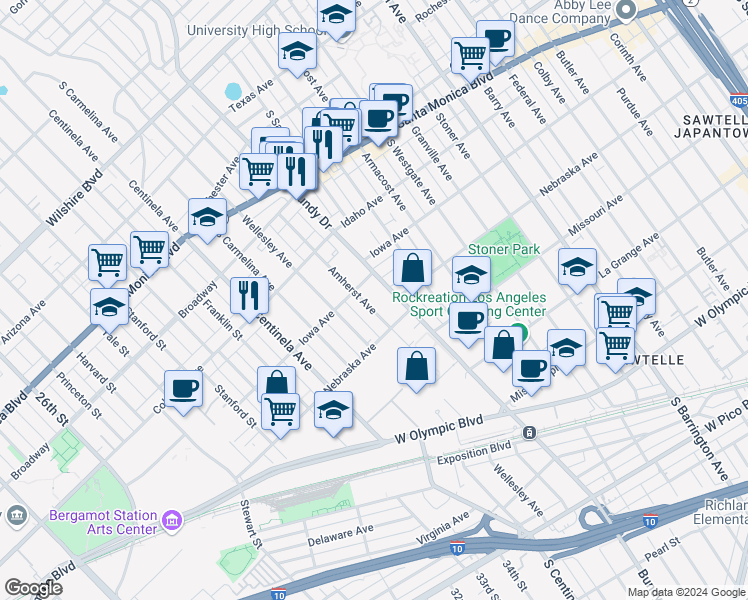 map of restaurants, bars, coffee shops, grocery stores, and more near 1721 South Bundy Drive in Los Angeles