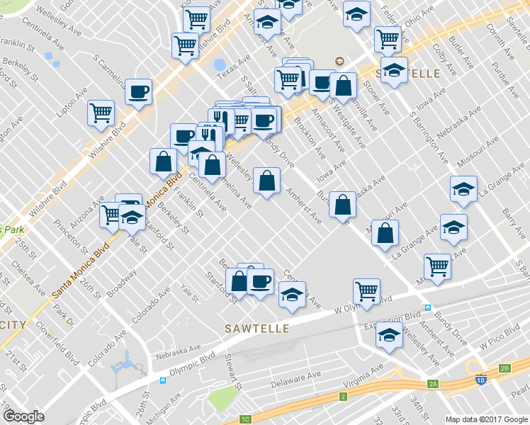 map of restaurants, bars, coffee shops, grocery stores, and more near 1629 Wellesley Avenue in Los Angeles