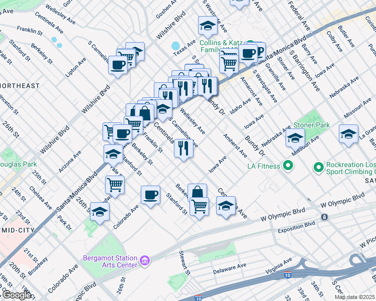map of restaurants, bars, coffee shops, grocery stores, and more near 12405 Idaho Avenue in Los Angeles