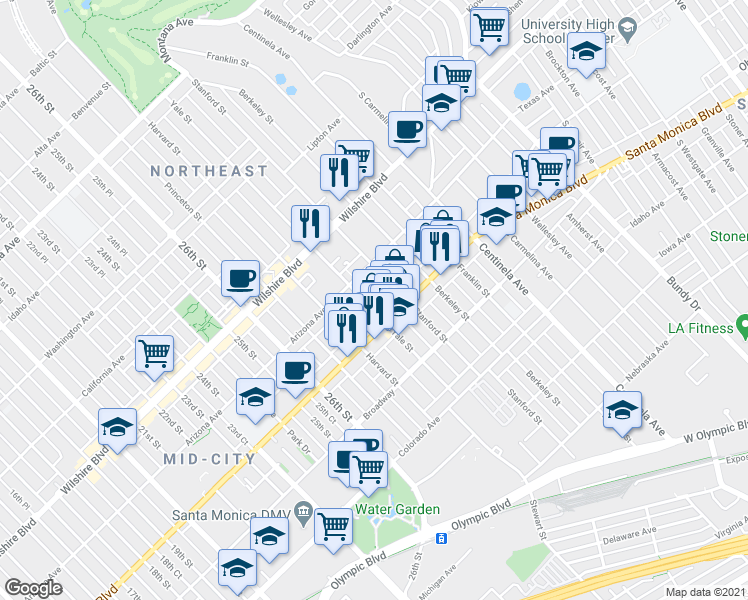 map of restaurants, bars, coffee shops, grocery stores, and more near 1341 Yale Street in Santa Monica
