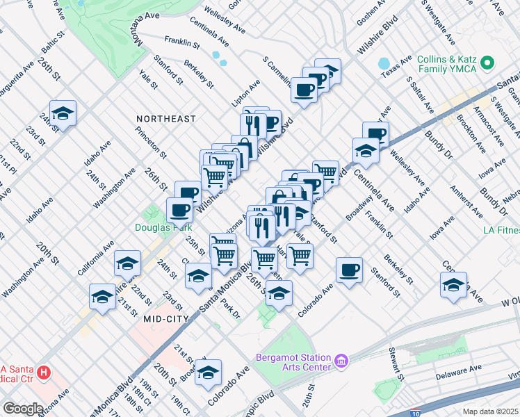map of restaurants, bars, coffee shops, grocery stores, and more near 2832 Arizona Avenue in Santa Monica
